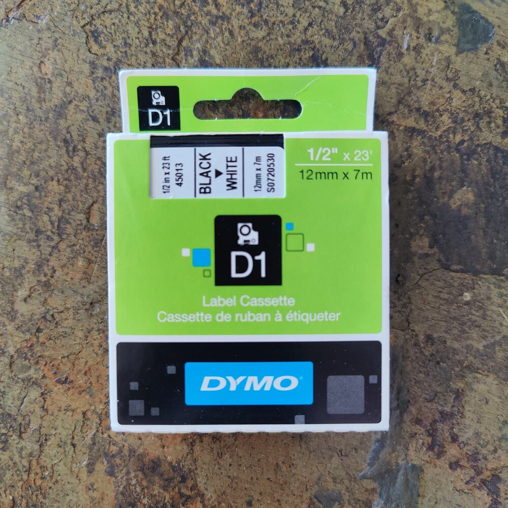 Dymo D1 Label Cassette Tape 45013 Black on White 1/2” x 23’ (12mm x 7m)